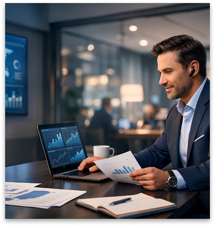 Businessman working on laptop with charts